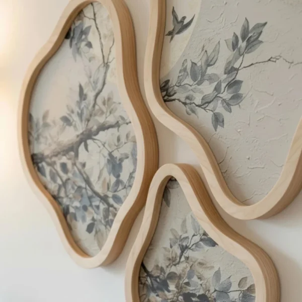 Close up of handcrafted botanical wall art with leaf and branch design