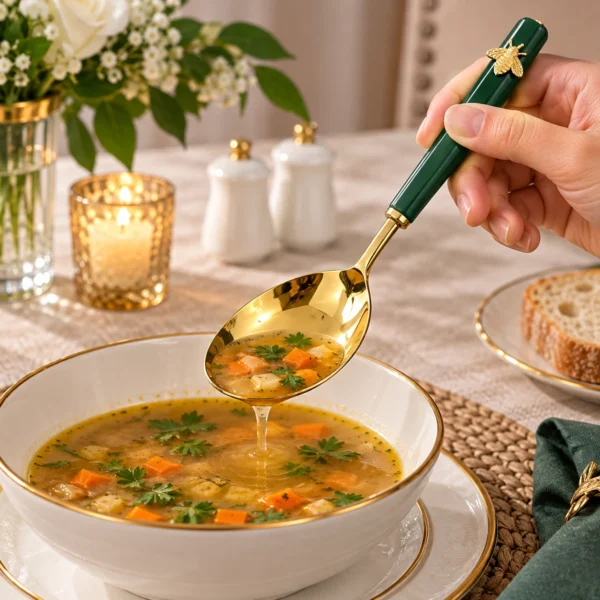 Luxury stainless steel serving utensil set with green resin handles