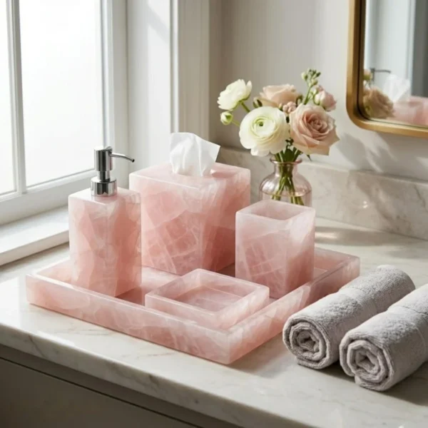 Rose quartz bathroom accessories set with vanity tray