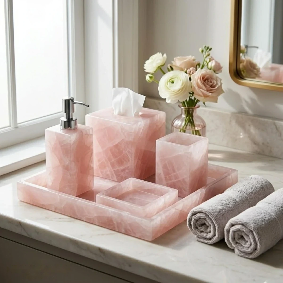 Rose quartz bathroom accessories set with vanity tray Rose quartz bathroom accessories set with vanity tray