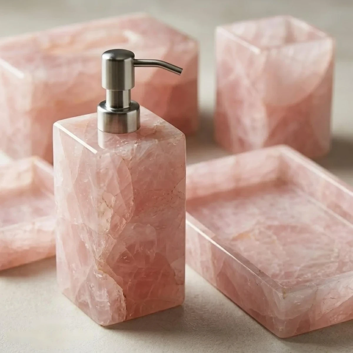 Rose quartz soap dispenser and bathroom accessories Rose quartz soap dispenser and bathroom accessories