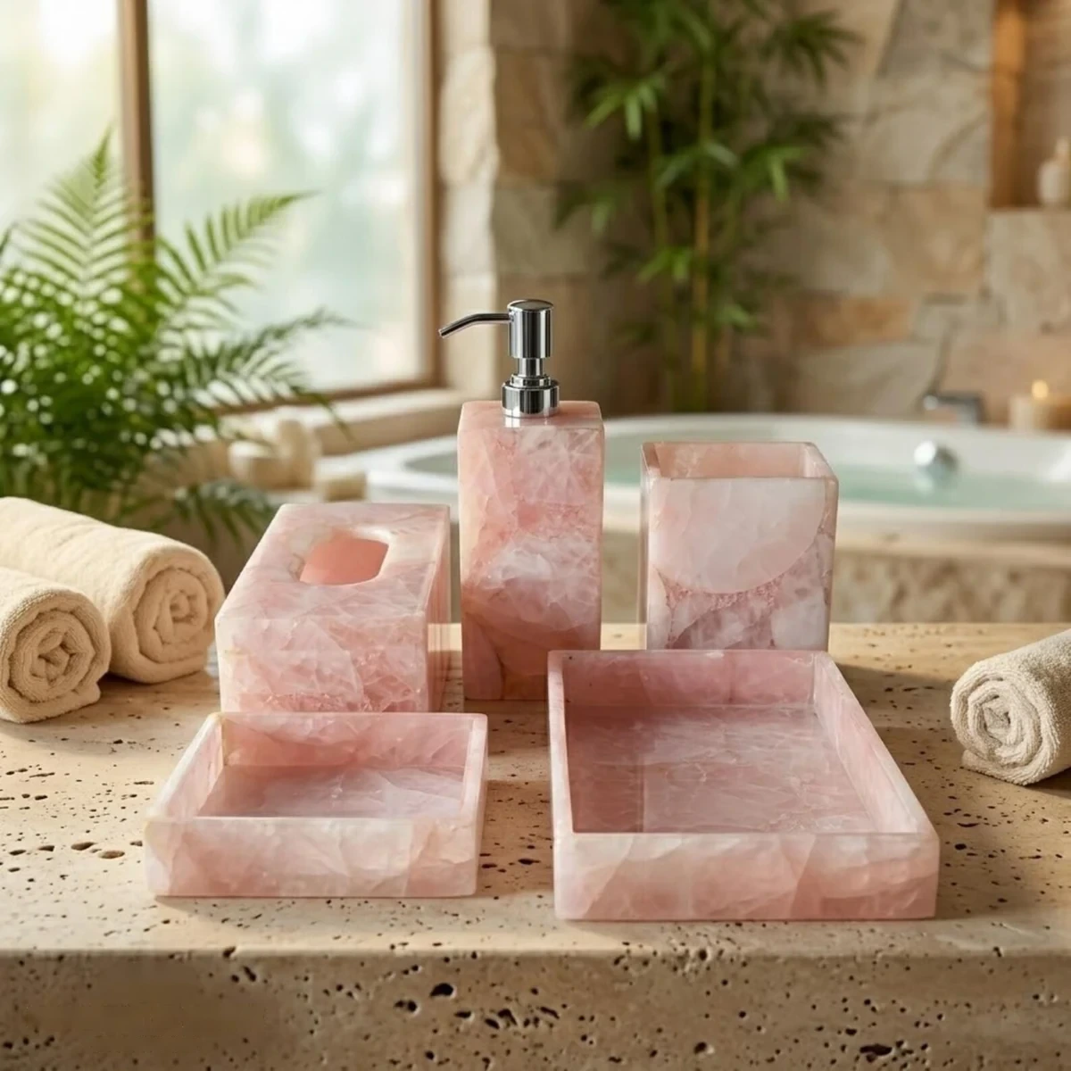 Luxury rose quartz bathroom accessory set on vanity Luxury rose quartz bathroom accessory set on vanity