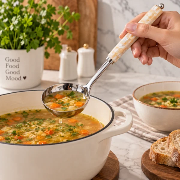 Mother of pearl and stainless steel serving ladle used for soup
