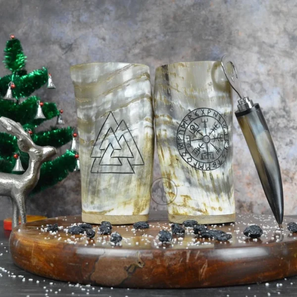 Natural horn Viking drinking cup with wooden base and engraved design