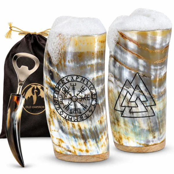 Natural horn Viking drinking cups set of two with Norse engravings