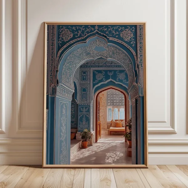 Handcrafted heritage arch wall art painting in blue with decorative frame