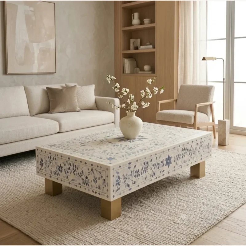 White and blue bone inlay coffee table with floral pattern