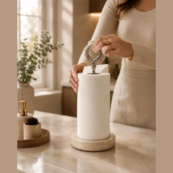 White marble paper towel holder with polished metal decorative top