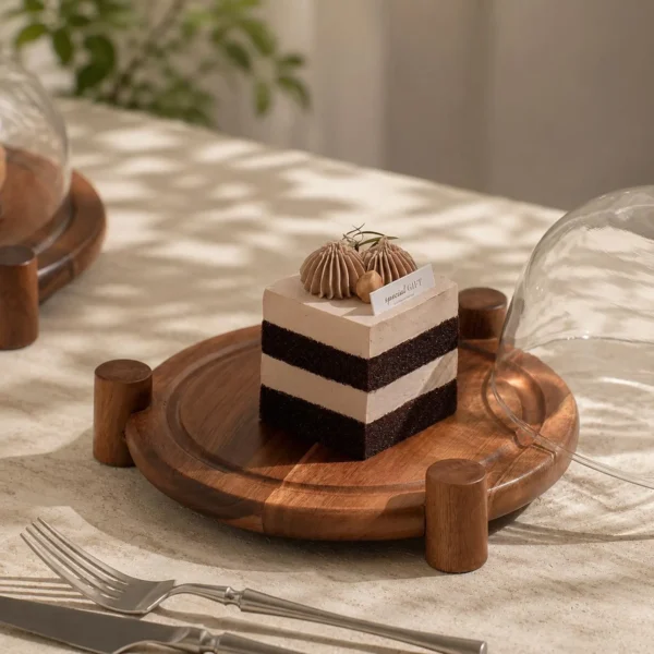Round wooden cake stand with glass dome displaying cake