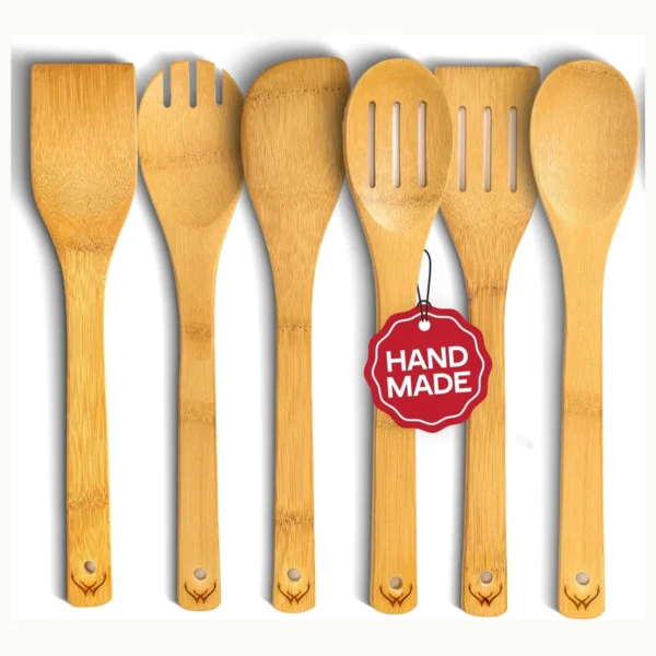 6 piece wooden kitchen utensil set with cooking spoons and spatulas