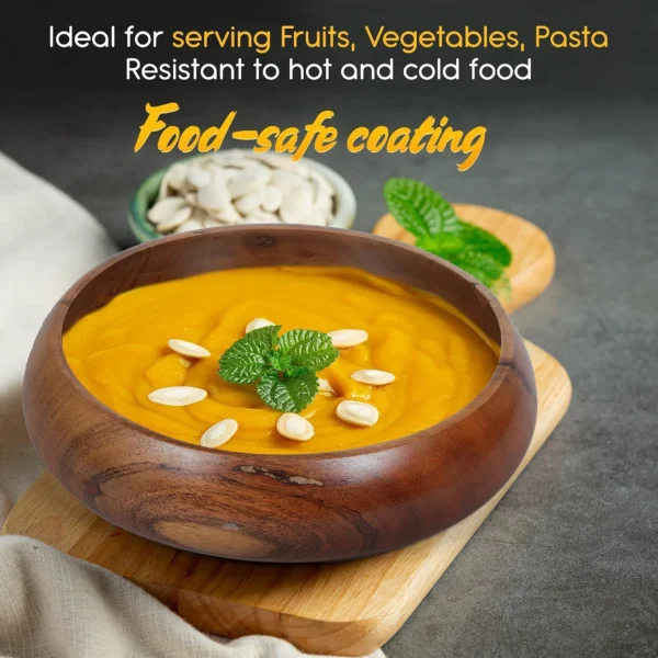round wooden serving bowl for salads and food