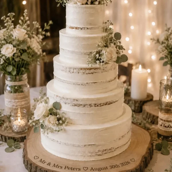 Natural wood slice wedding cake stand with custom engraving