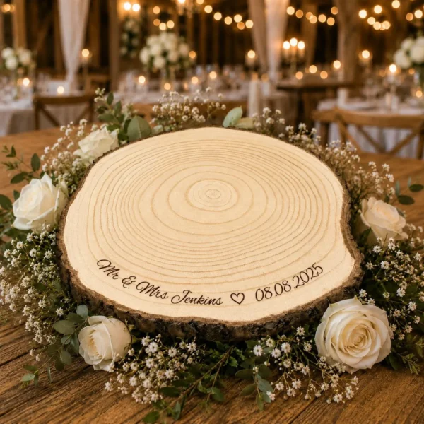 Personalized rustic wooden cake stand with wedding cake