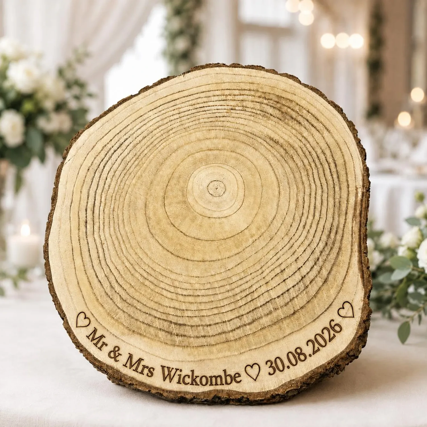 natural-wood-slice-cake-stand-engraved.webp Rustic wooden cake board with personalized wedding engraving